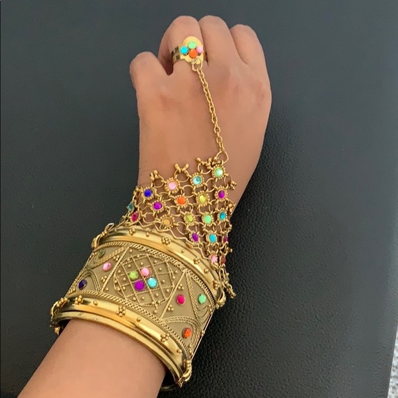 Antique Gold Multicolored Cuff Bracelet with Ring - Picture 8 of 8